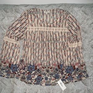 Style & Co. Tunic Boho Top Mixed Floral Print Cream Blue Burgandy ~ Medium NWT